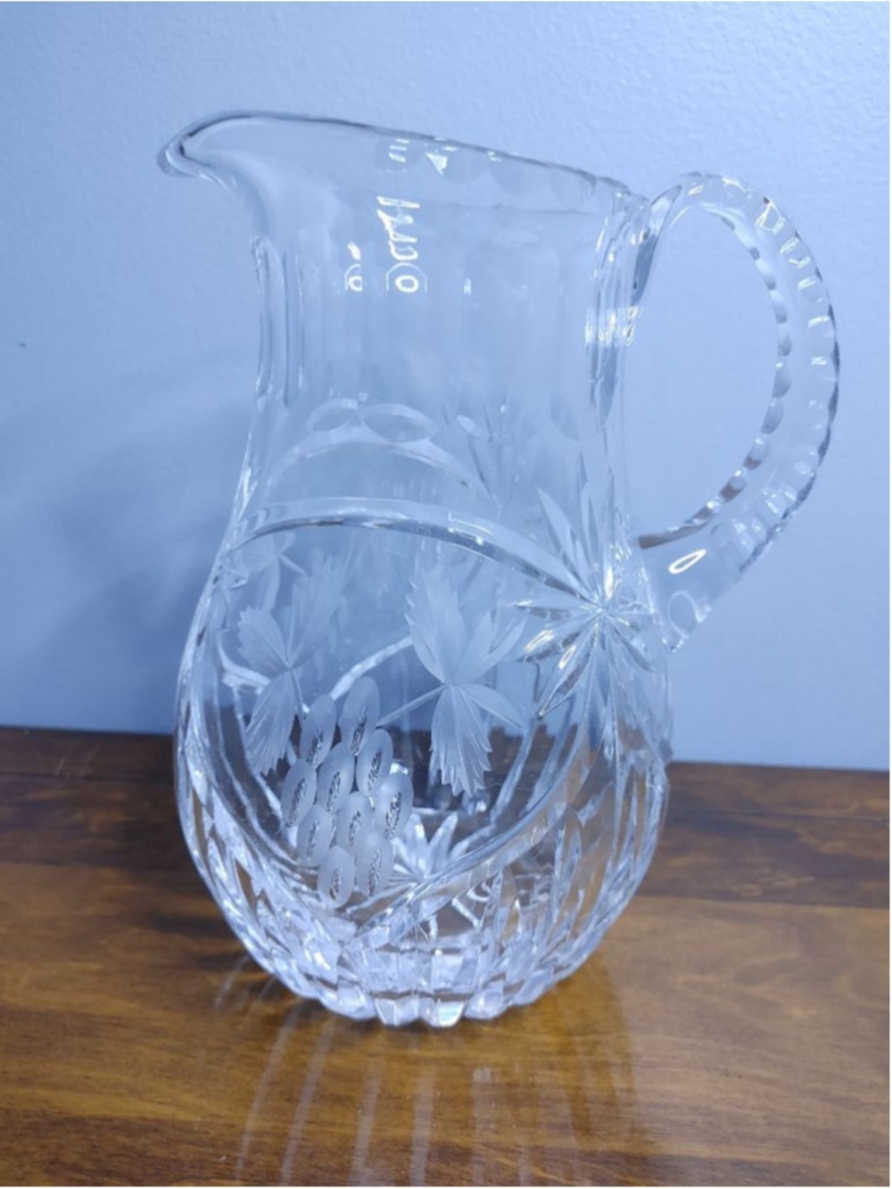 Antique Cut Crystal Beverage Serving Pitcher Grapes / Leaves / Starburst